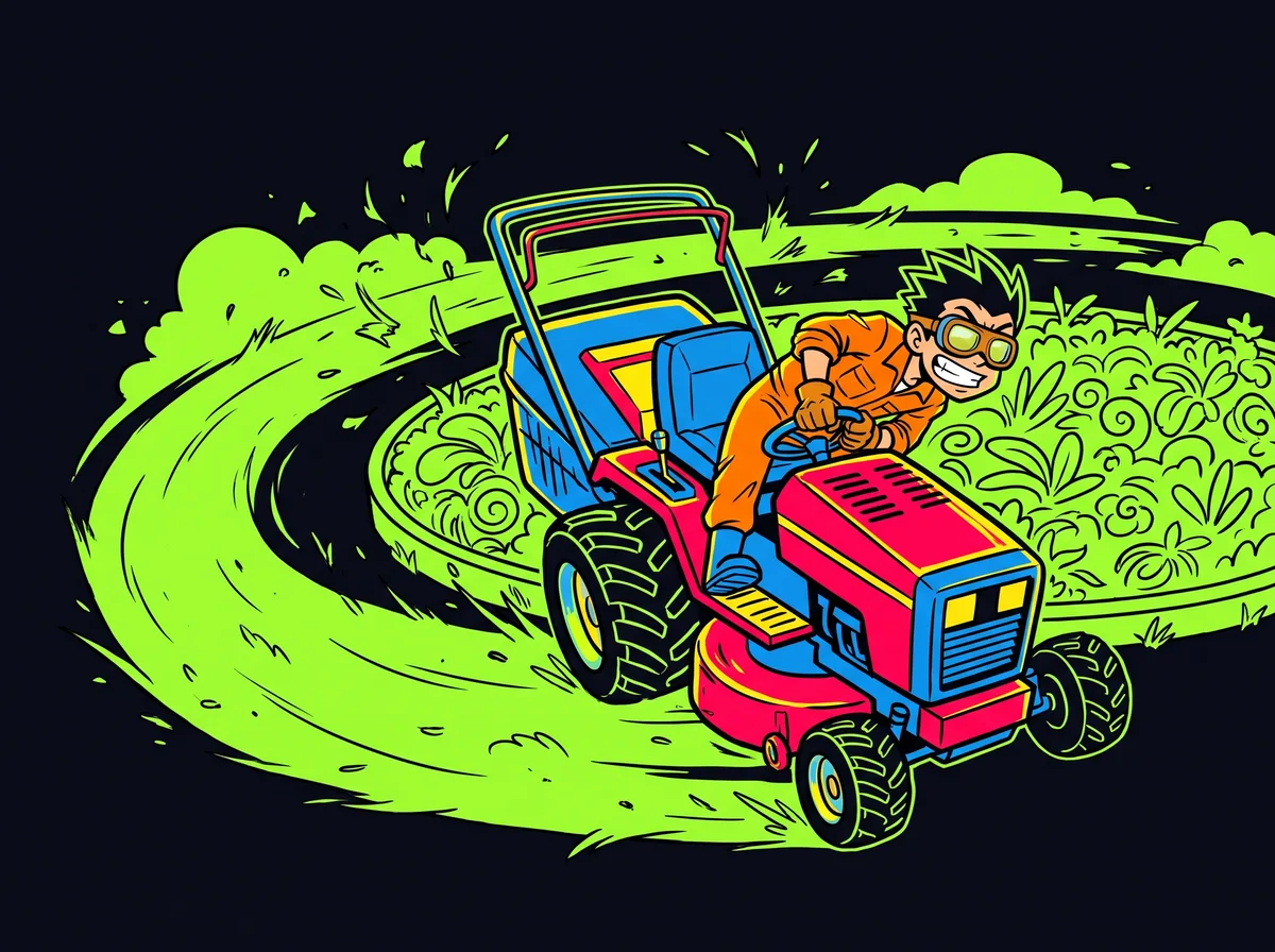 Cartoon lawnmower sliding into a drift turn around a garden bed