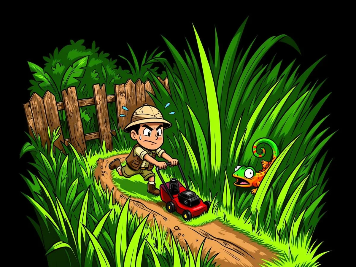 Cartoon of a worker in a pith helmet pushing a red mower through a wildly overgrown backyard as a chameleon watches