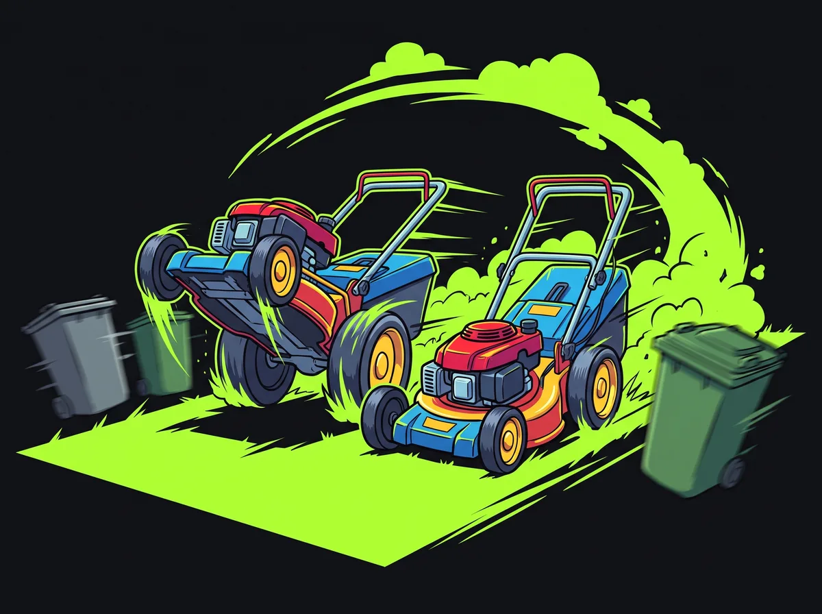 Two cartoon lawnmowers racing down a nature strip past wheelie bins