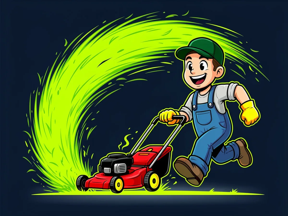 Cartoon of a grinning worker sprinting behind a red lawnmower with a swirl of clippings flying up